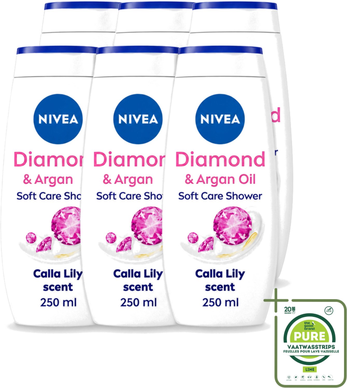 6 x Nivea - Diamond Touch Douchegel - Sensuele Leliegeur - 250 ml - Grootverpakking - Vaatwasstrips - Douchegel - Diamantpoeder - Witte Aronskelk - Hydratatie - Luxe Douchegel