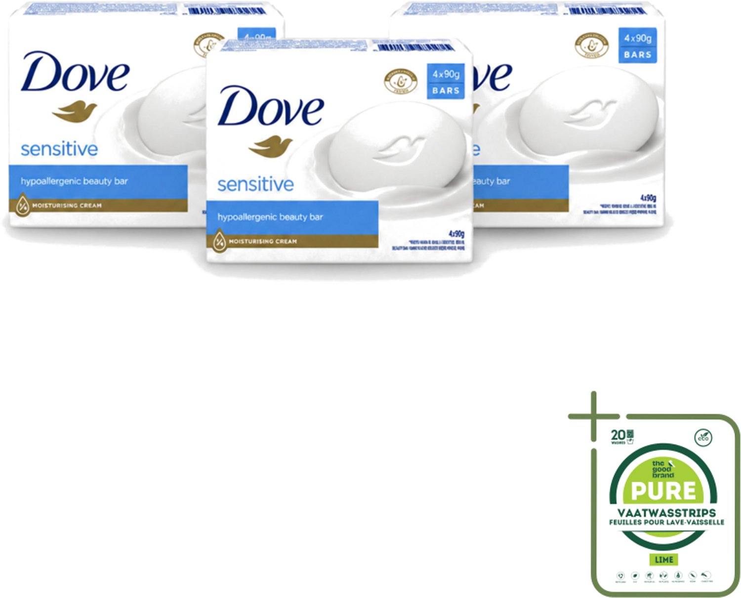 3 x Dove Zeep - Sensitive 4 x 90 gr. - Grootverpakking - Vaatwasstrips - Gevoelige Huid - Zachte Reiniging - Uitdroging Voorkomen - Huid Irritatie - Handen Reinigen