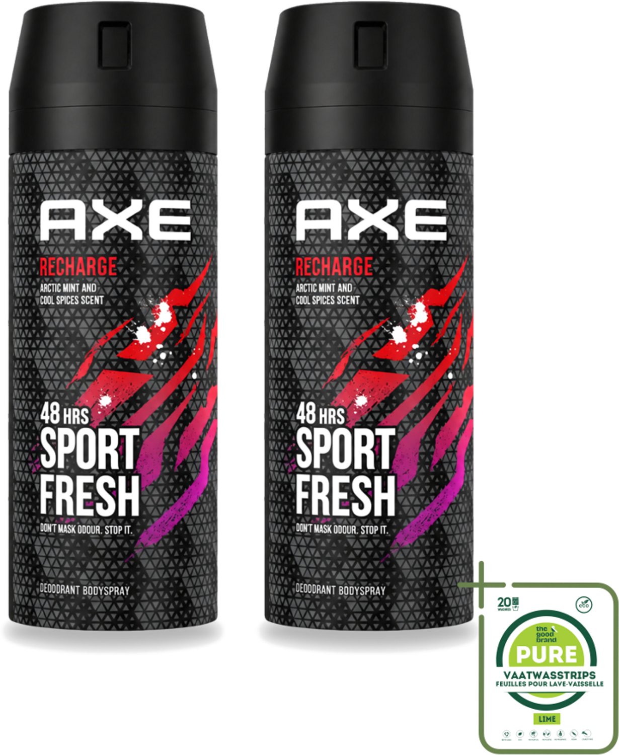 2 x Axe - Deodorant Bodyspray - 48hrs Sport Fresh - Recharge - Arctic Mint & Cool Spices - 150 ml - Grootverpakking - Vaatwasstrips - Deodorant - Bodyspray - Sport Fresh - Axe - Geur