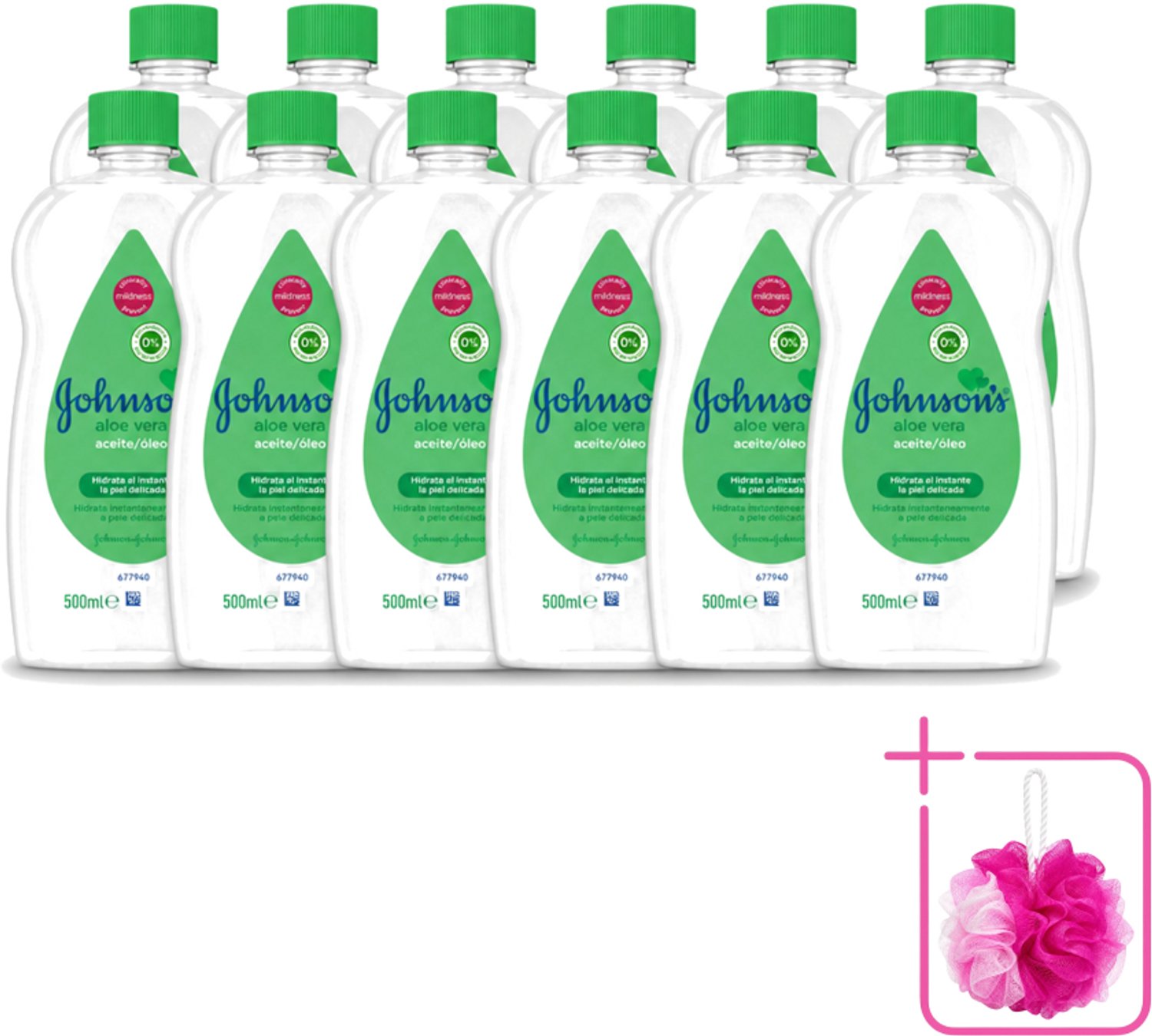 12 x Johnson's - Baby Olie - Aloe Vera - Hydrateerd Gevoelige Huid - 500 ml - Bulkverpakking - Babyolie - Douchemop - Aloe vera