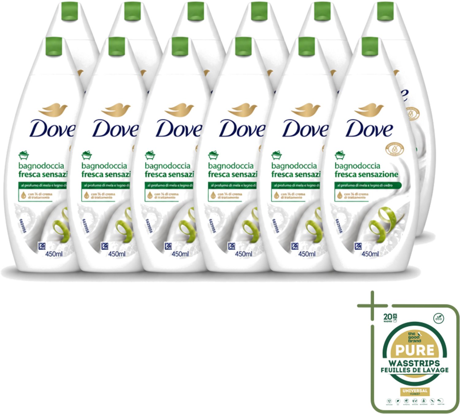 12 x Dove – Douchegel – Fresh Sensation – 450 ml - Wasstrips - Douchegel - Fris Gevoel - Mild Reinigen - Verzorgende Douchegel - Schuimende Douchegel