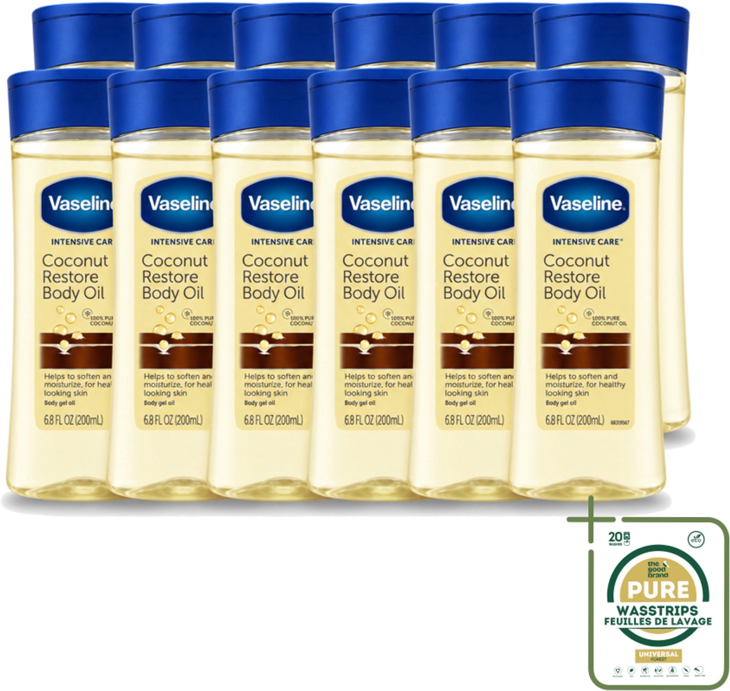 12 x Vaseline – Body Oil – Coconut Restore – 200 ml - Wasstrips - Body Oil - Kokosolie - Hydraterende Olie - Droge Huid - Herstellende Olie
