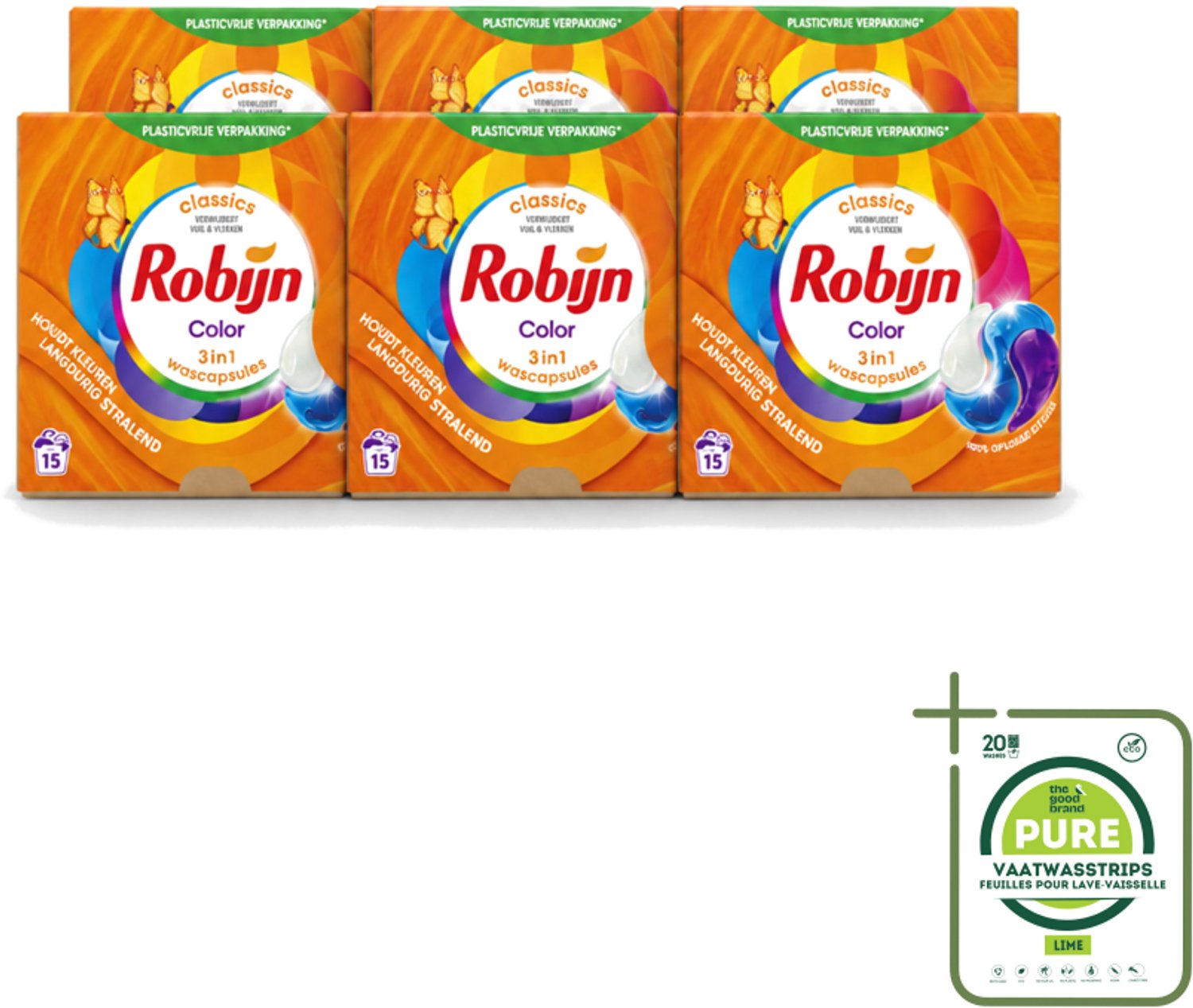6 x Robijn – 3-in-1 Wascapsules – Color – 15 capsules - Grootverpakking - Vaatwasstrips - Kleurbehoud - Wascapsules - Wasverzachter - Biologisch Afbreekbaar - Frisse Geur