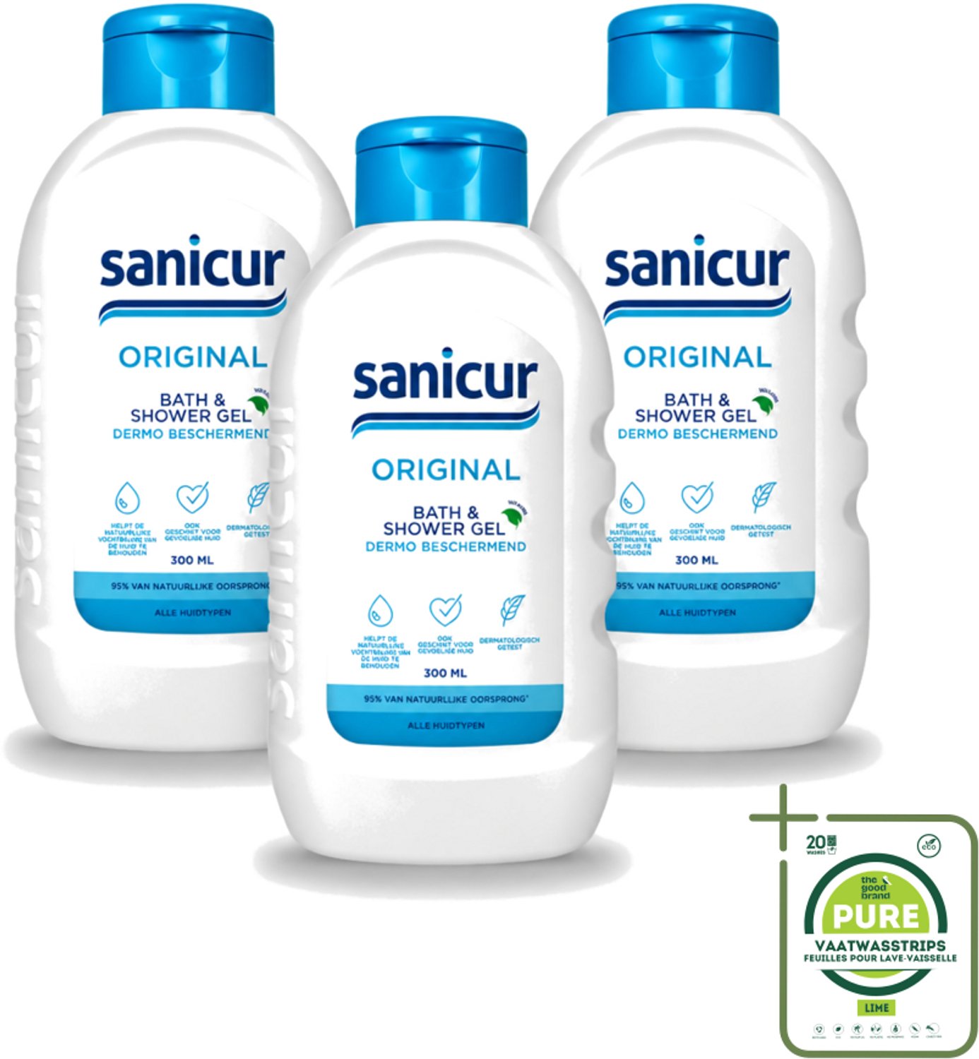 3 x Sanicur – Bad & Douchegel – Original – 300 ml - Grootverpakking - Vaatwasstrips - Bad En Douchegel - Milde Reiniging - Huidverzorging - Hydraterende Gel - Gevoelige Huid