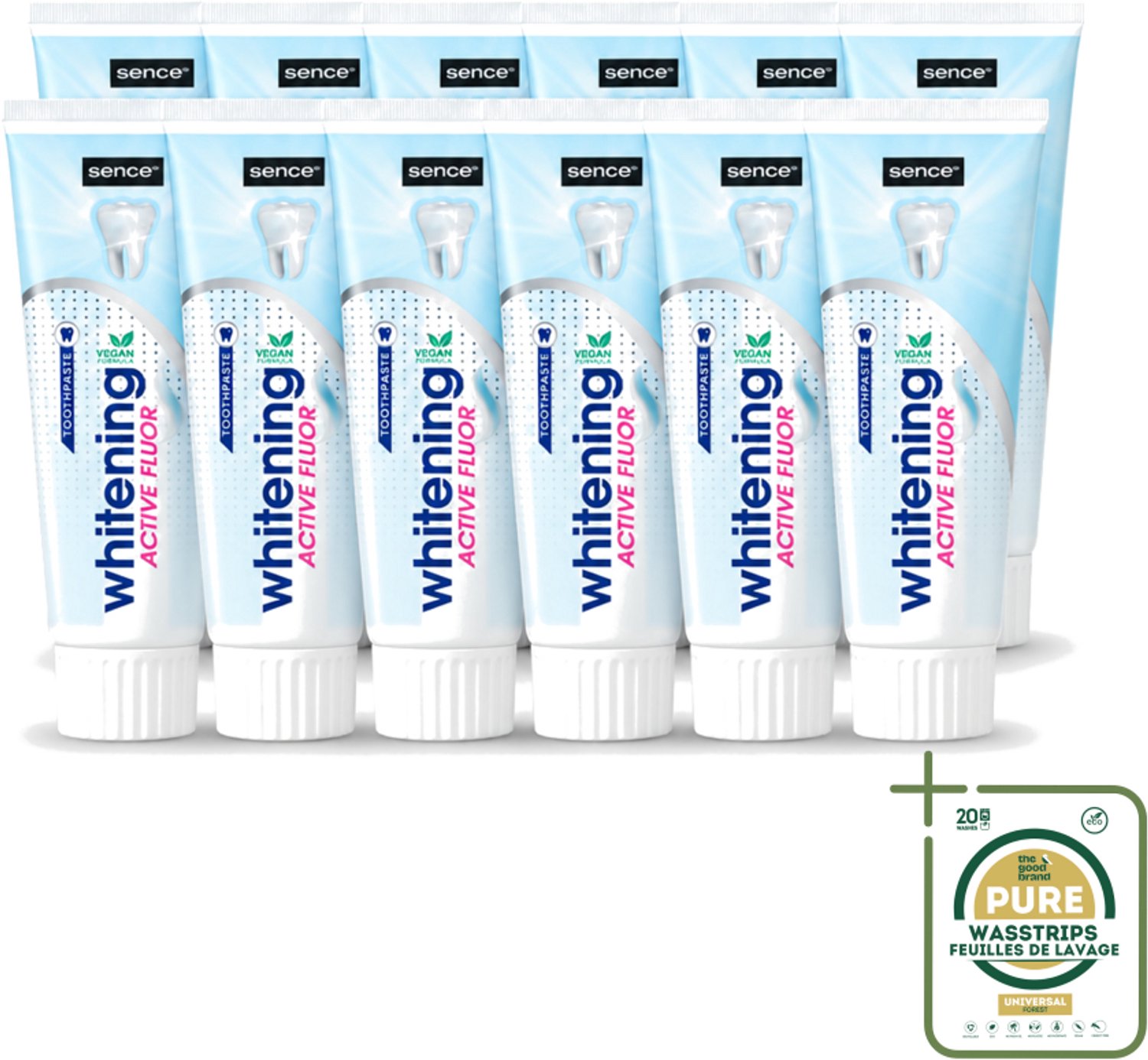 12 x Sence - Whitening - Tandpasta - Met Fluor - 75 ml - Wasstrips - Tandpasta - Witte Tanden - Fluor - Tanden Reinigen - Tanden Verzorgen