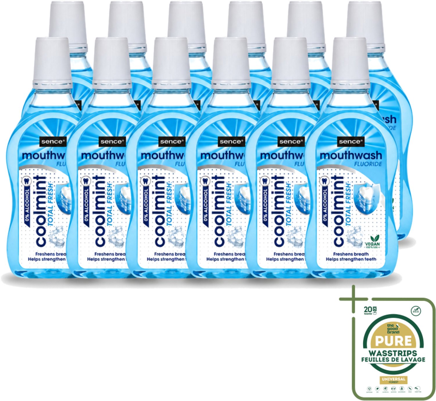 12 x Sence - Fresh Coolmint - Mondwater - Verfrissend - 500 ml - Wasstrips - Mondwater - Frisse Adem - Koele Mint - Fluoride - Gaatjes Voorkomen