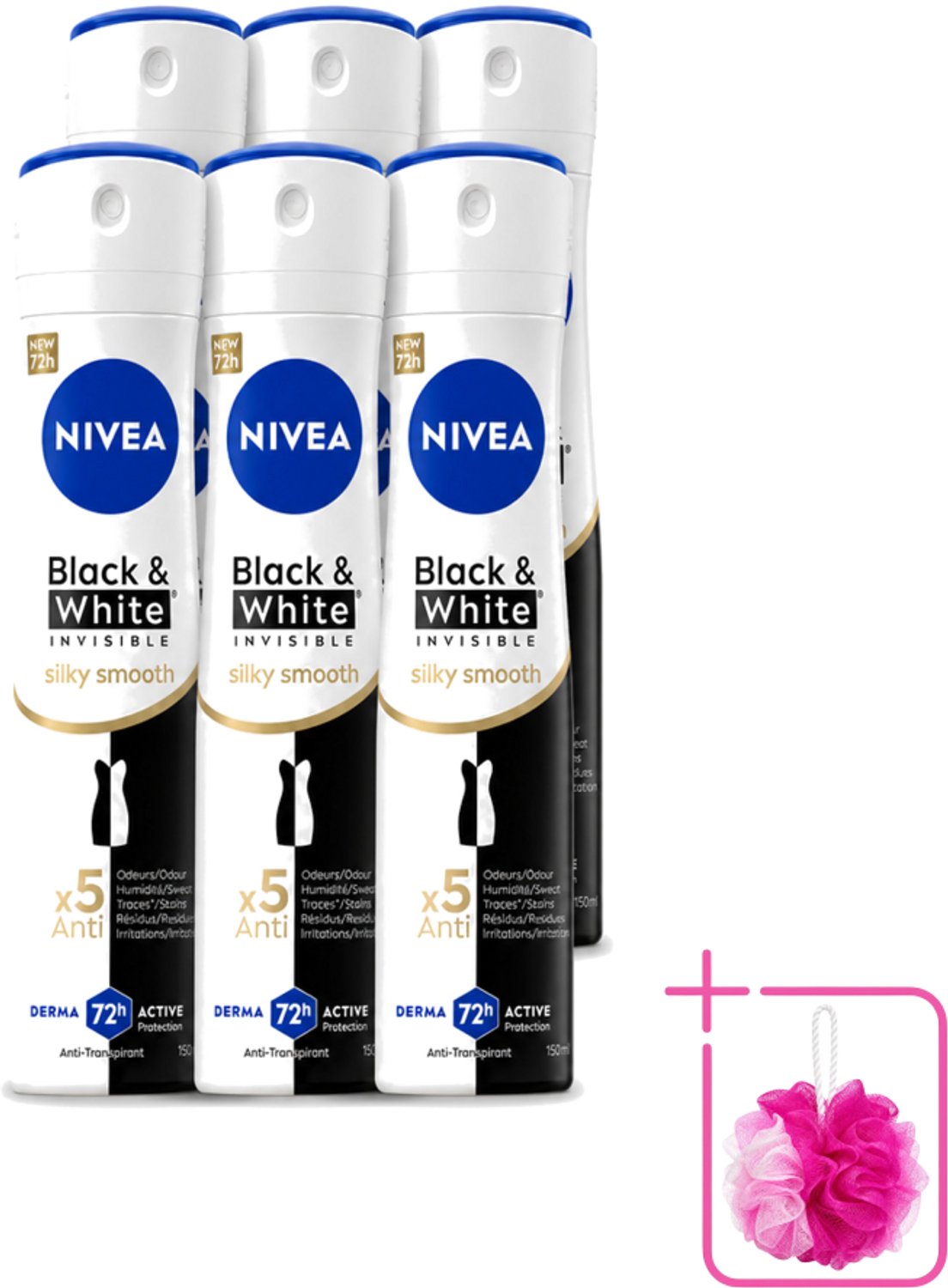 6 x Nivea - Deodorant - Spray - Black & White Invisible Silky Smooth - 150 ml - Bulkverpakking - Deodorant spray - Anti-vlekken