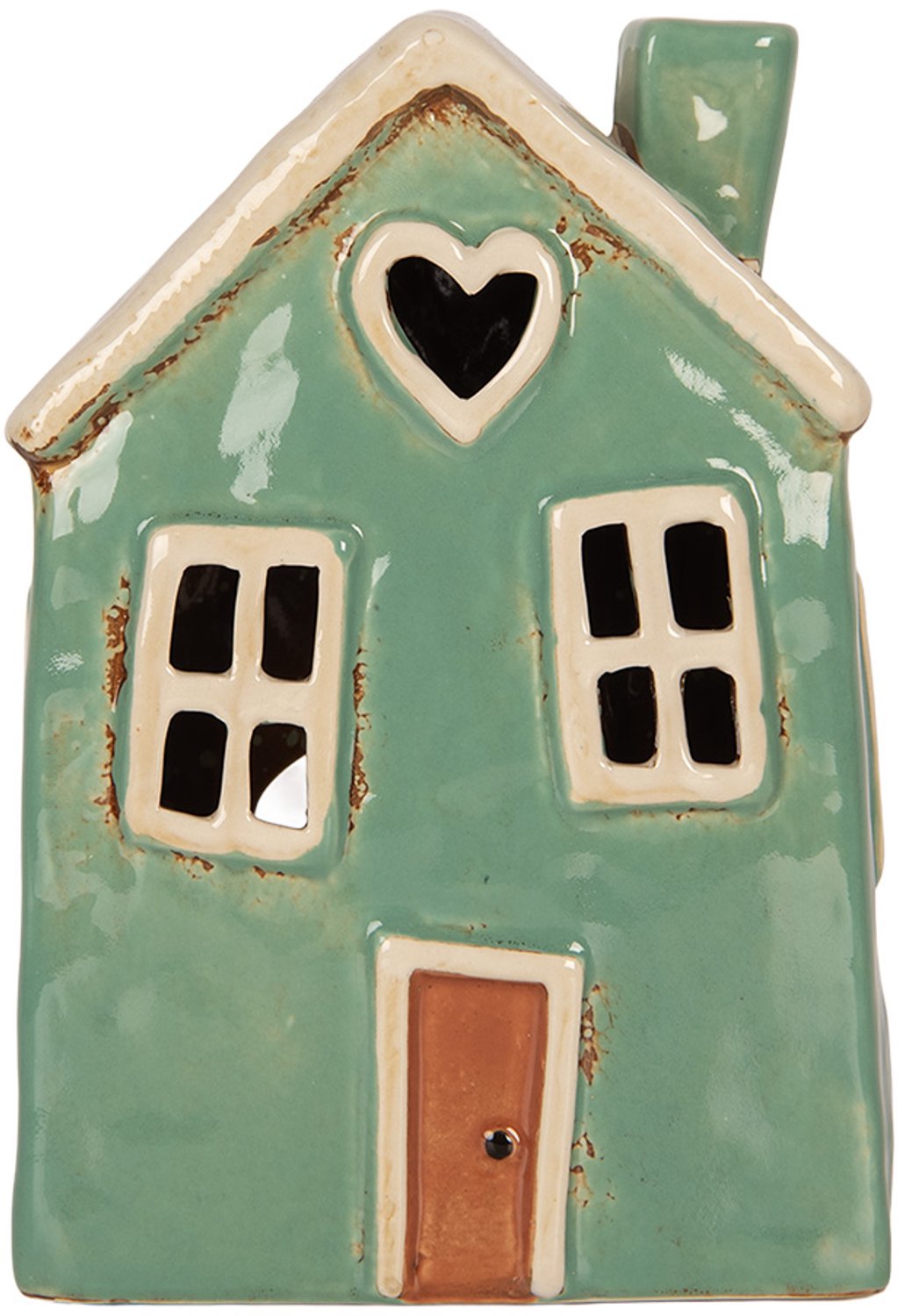 Clayre & Eef Waxinelichthouder Huis 13x9x18 cm Groen Beige Keramiek