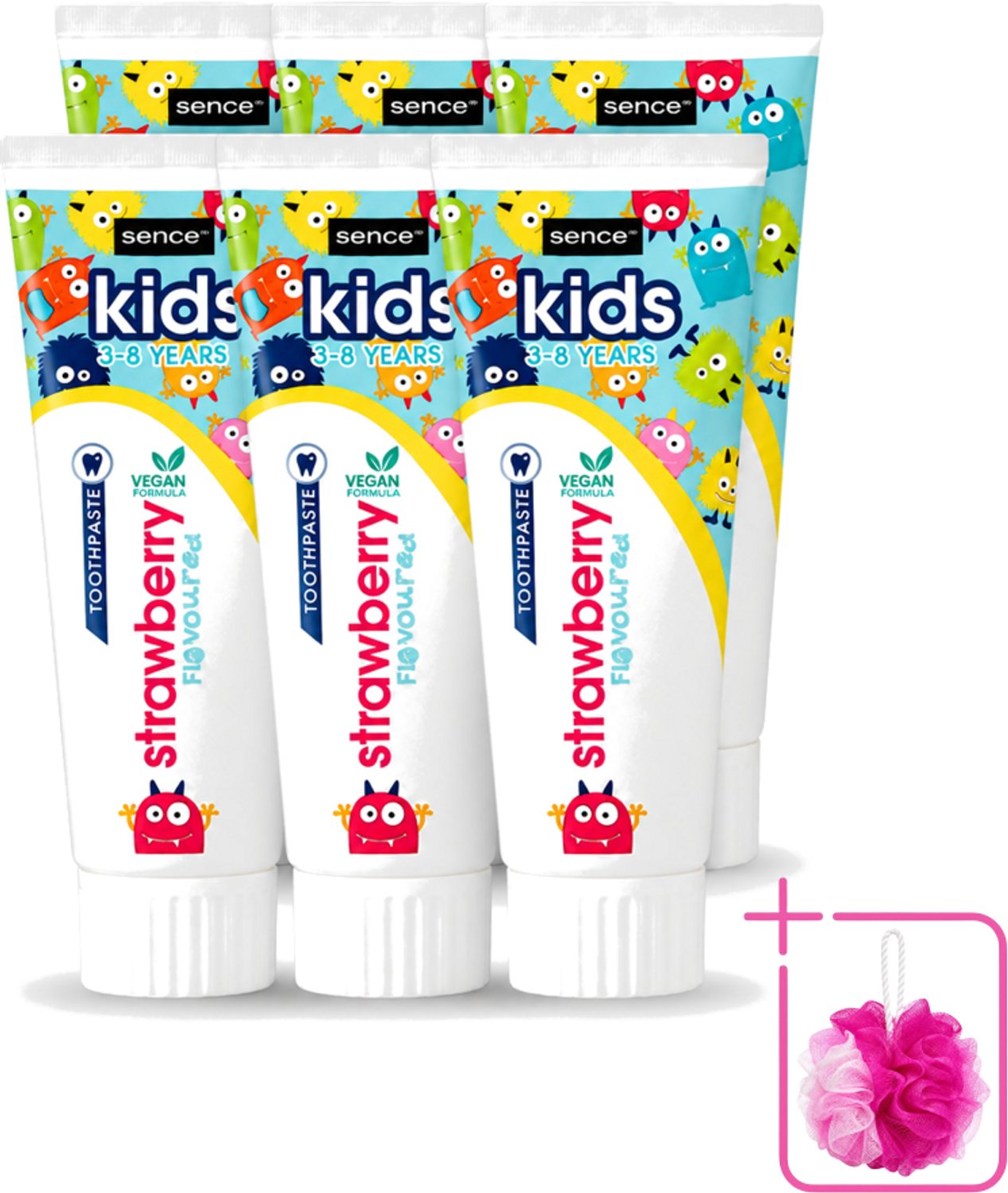 6 x Sence - Kids 3-8 Jaar - Tandpasta - Aardbei Smaak - Vegan - 75 ml - Bulkverpakking - Tandpasta voor kinderen - Douchemop - Kindertandpasta