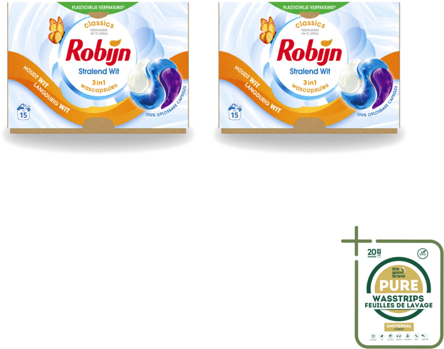 2 x Robijn – 3-in-1 Wascapsules – Stralend Wit – 15 capsules - Wasstrips - 3-in-1 Wascapsules - Stralend Wit Was - Witte Was - Wascapsules - Wasverzachter