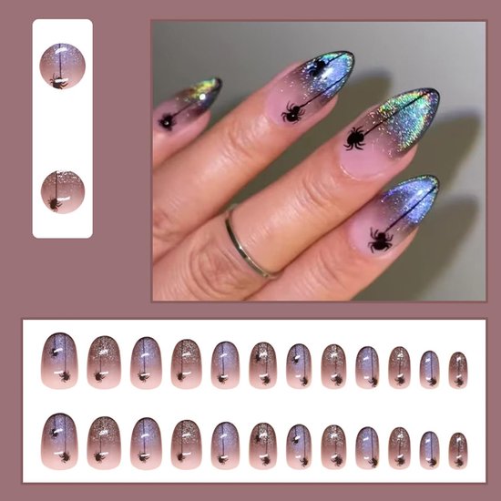 24 Stuks Halloween Opdruknagels, Middelgrote Amandel Paarse Glitter Nep Nagels Franse Tip Valse Nagel met Griezelige Spin Ontwerp, Glanzende Lijm op Nagel Volledige Dekking Acryl Plaknagels — afbeelding 4