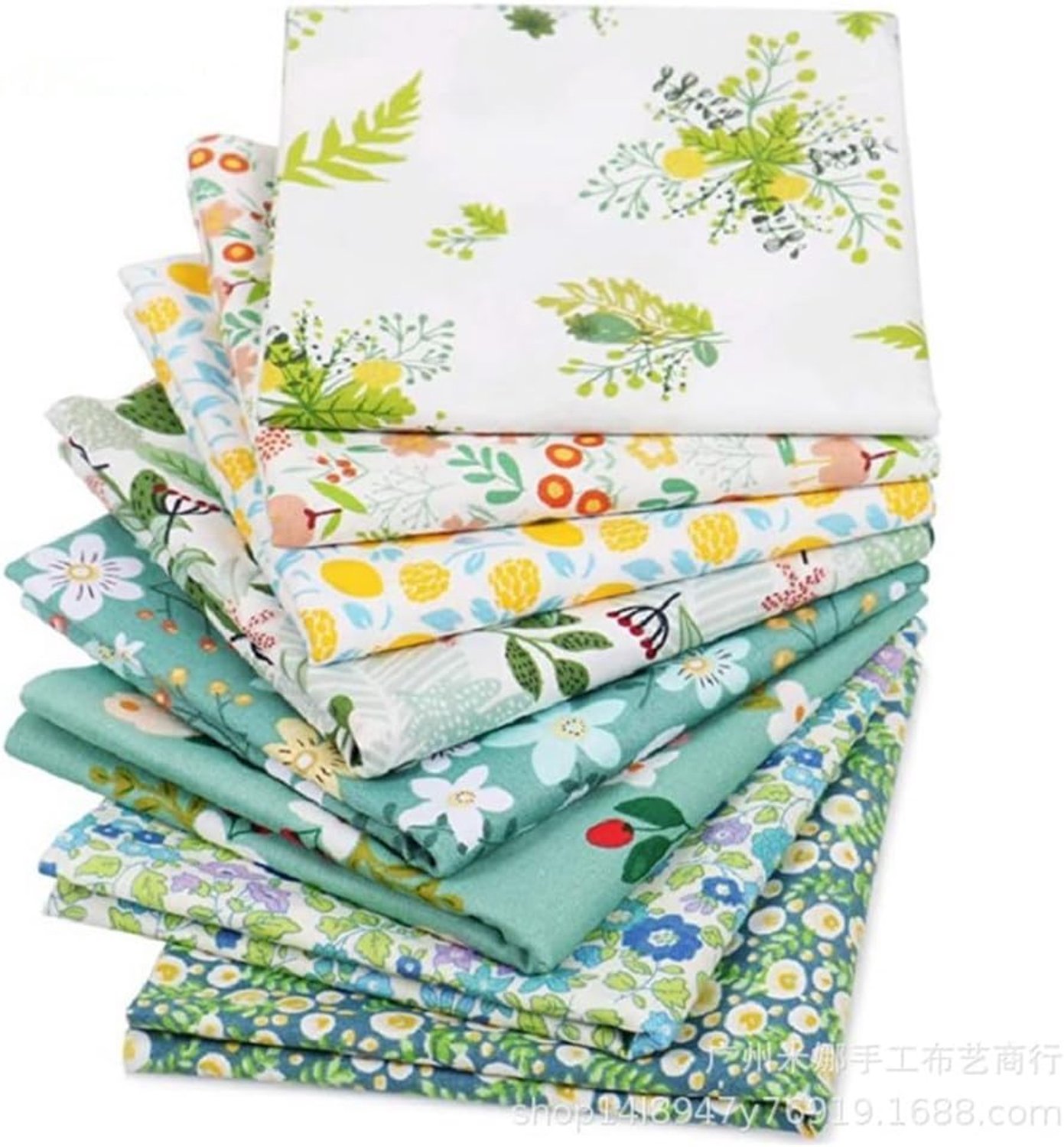 Katoenen stof, 8 stuks, 25 x 25 cm, katoenen stof, per meter, patchwork, stofresten om te naaien, katoenen doek voor patchwork, quilten, doe-het-zelf, groene en witte bloem