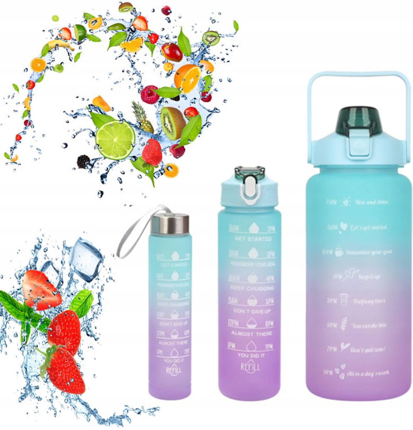 Set van 3 Motivatie Waterflessen met Rietje - 2000ml, 750ml, 300ml
