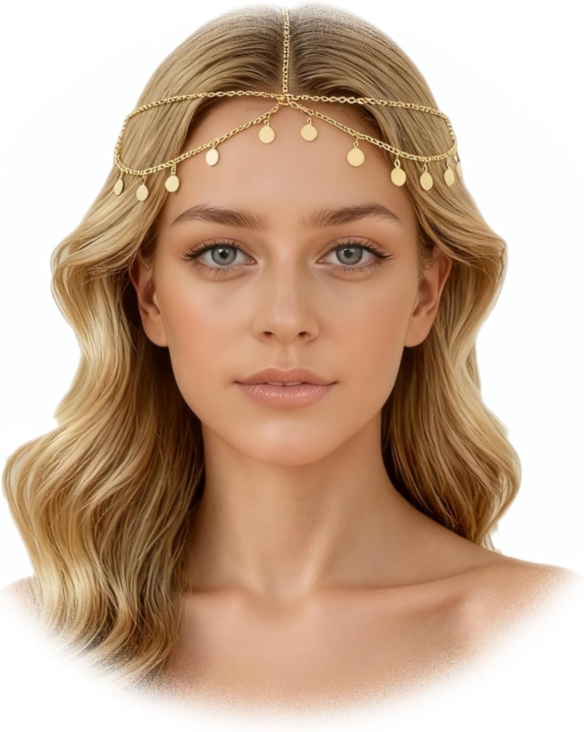 Hoofdketting voor dames, hoofdtooi, waarzegster, boho gelaagde hoofdketting, gouden hoofdketting, haarband met paillettenhanger voor bruiloften, bals, feesten, carnaval