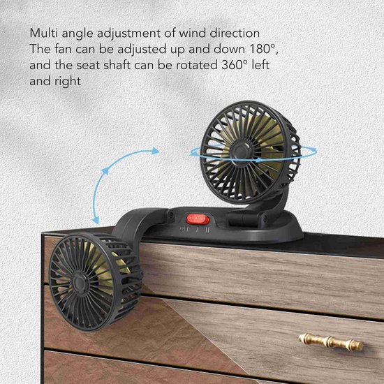 lyrlody Autokoelventilator, Verstelbare Multifunctionele Luchtcirculator met Dubbele Kop voor Voertuigen, 360 Graden Rotatie voor - en Achterstoelen (12V-type) — afbeelding 2