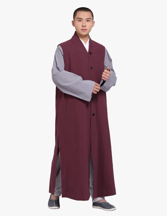 Vintage boeddhistische monnik gewaad lang vest, meditatie boeddhistische pyjama's lange jurk, rood, 37 — afbeelding 3