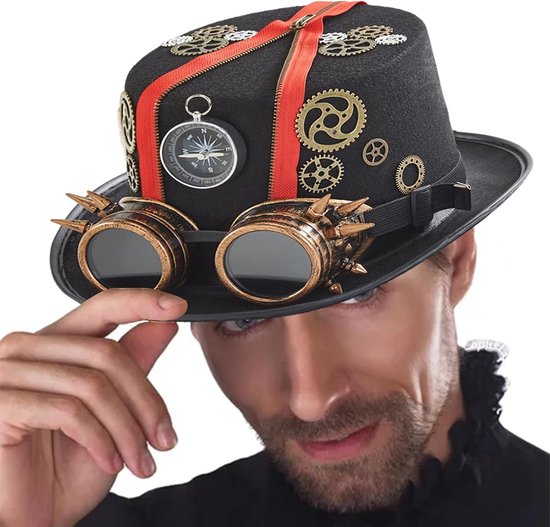 Steampunk Hoed voor de Mannen Vilt met Stoombril — afbeelding 5