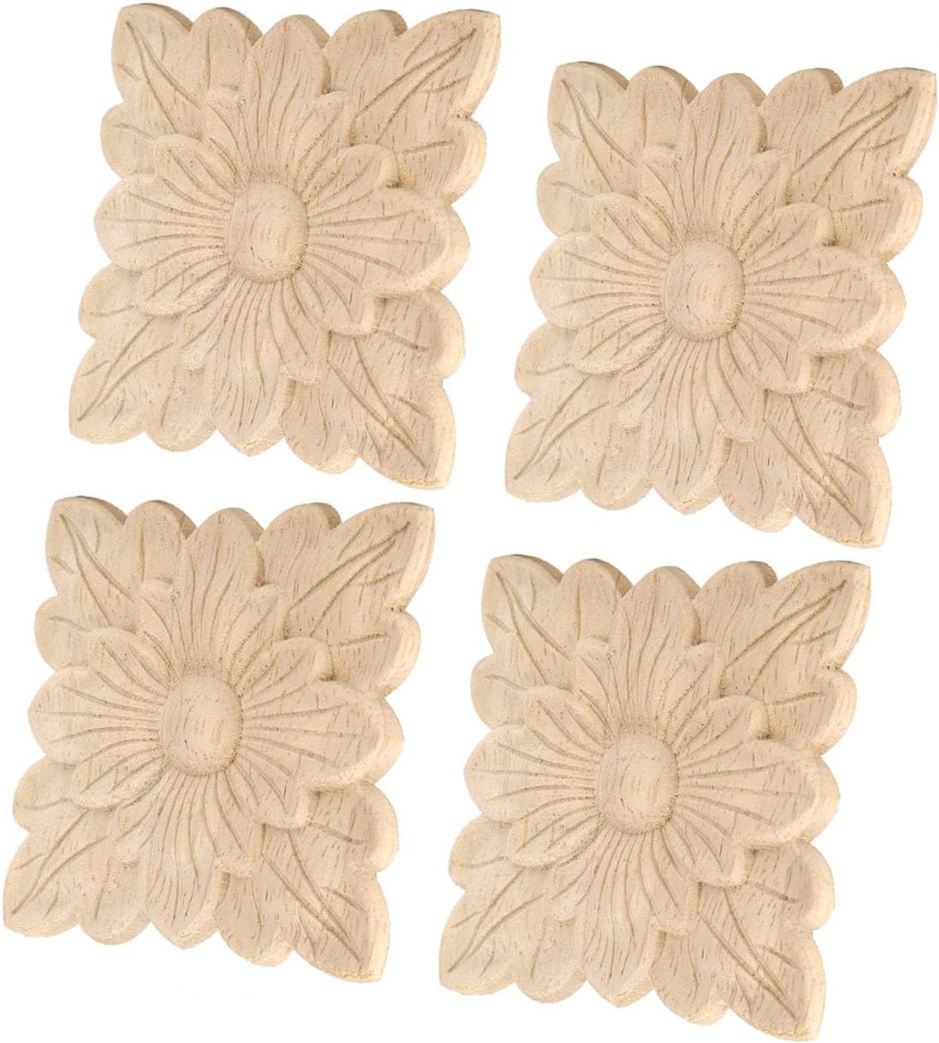 Houten Applicaties voor Meubels, Stickers voor Meubels Decoratieve Houten Applicaties Mooi Bloemenpatroon 4 Stuks Ongeverfd Hout Gesneden Hoeksticker Applique Frame Onlay voor