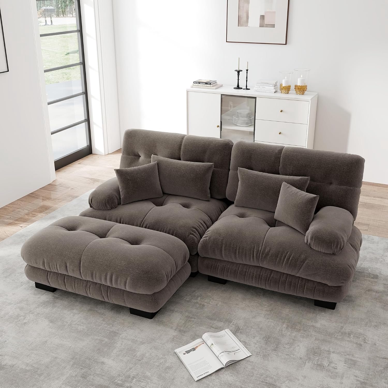 Cloud hoekbank chenille 2-zits bank voor woonkamer, diepe zitting dubbele bank met 2 lendenkussens & 2 decoratieve kussens, massief houten frame, zachte retro chenille bank voor appartement