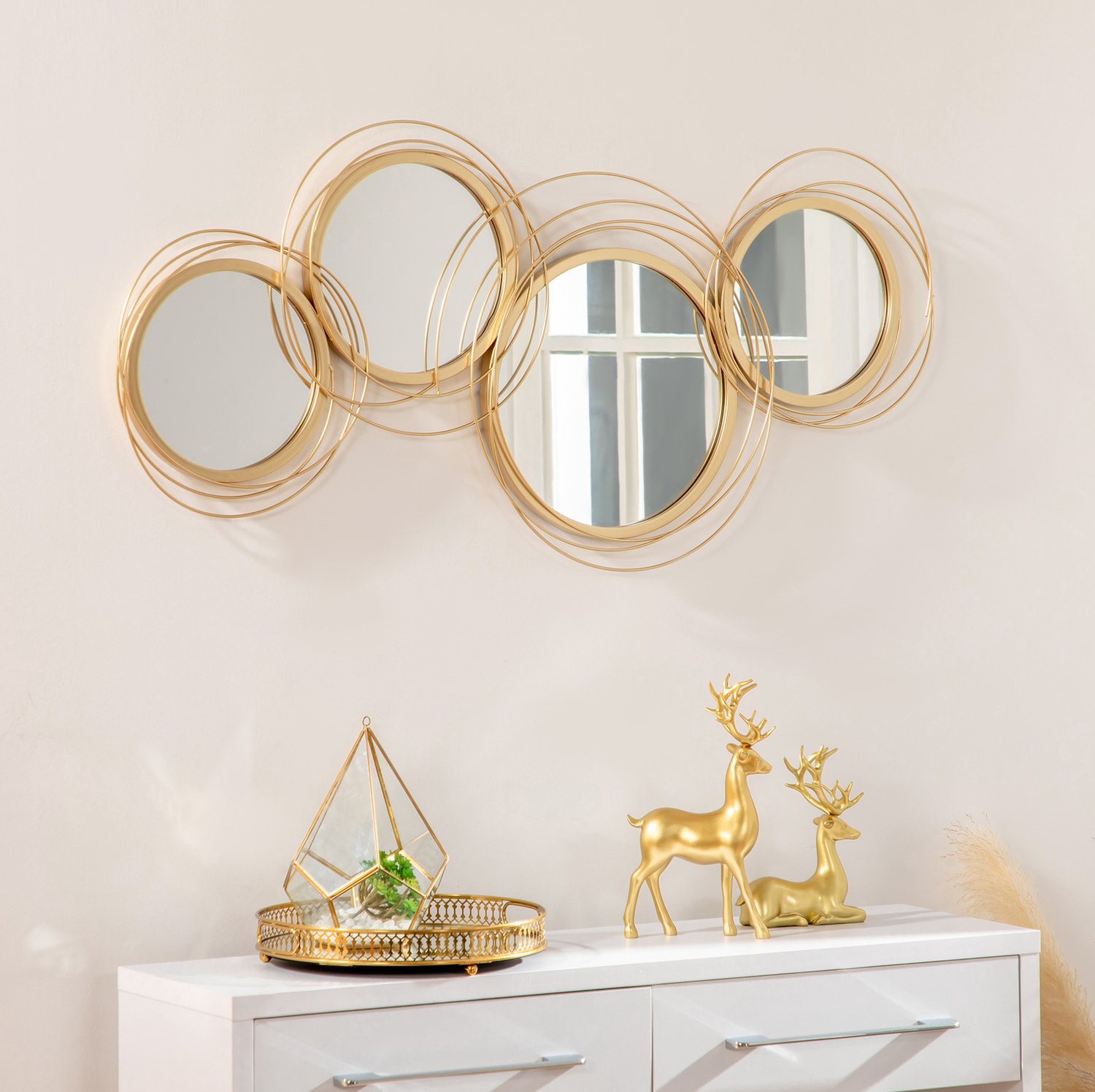 HAUSS SPOLE Spiegelset Rond – 4 Spiegels – 107 x 56 cm – Metaal – Goud – Wanddecoratie voor Woonkamer en Slaapkamer – Met Ophanghaken