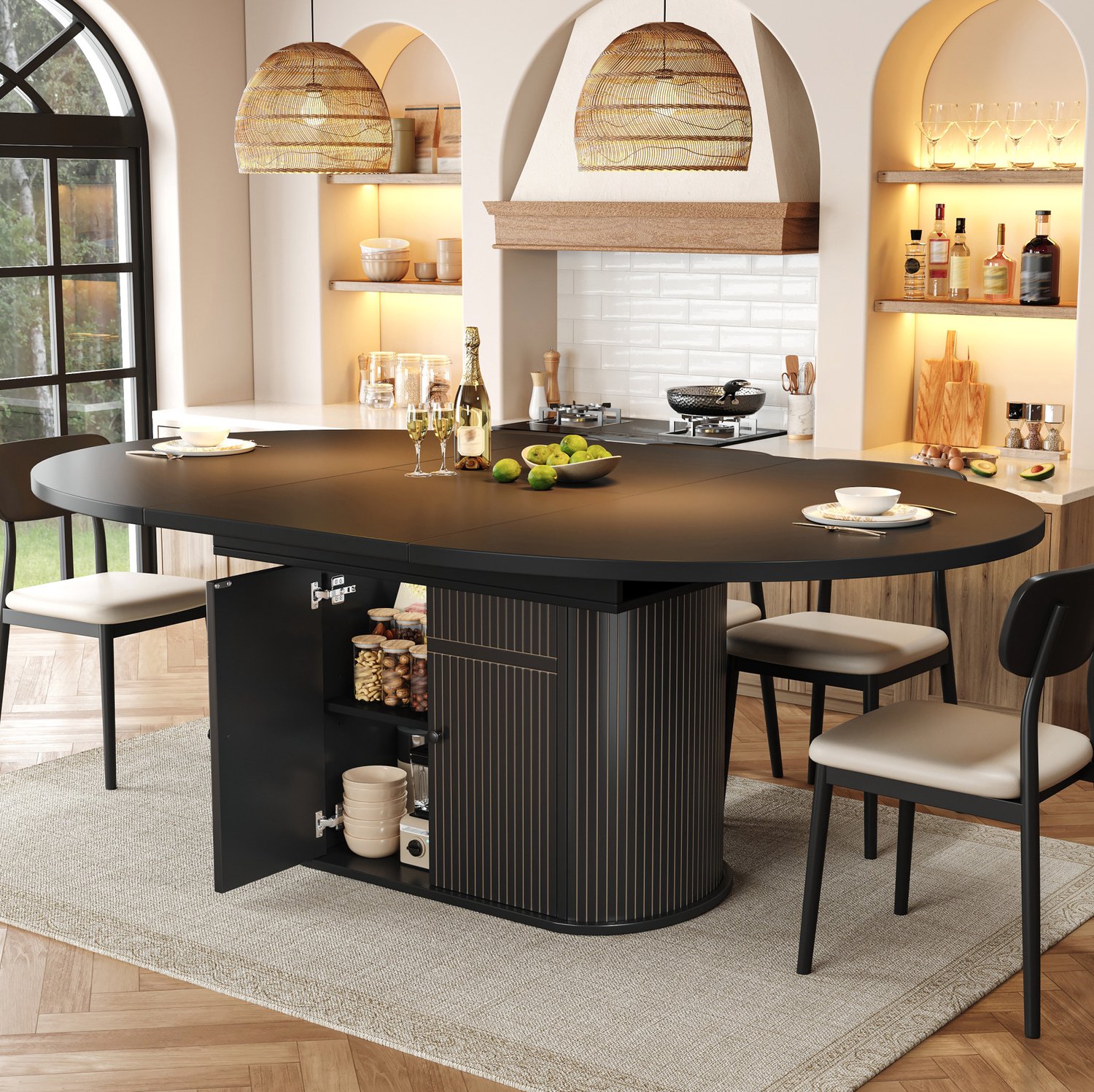 Maisentiel Uitschuifbare eettafel met opbergruimte – 118-158 x 118 cm – zwart