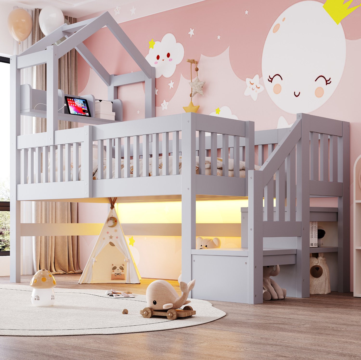 Maisentiel Halfhoogslaper kinderbed 90 x 200 cm - grijs - met dakframe, opbergladder en ledverlichting