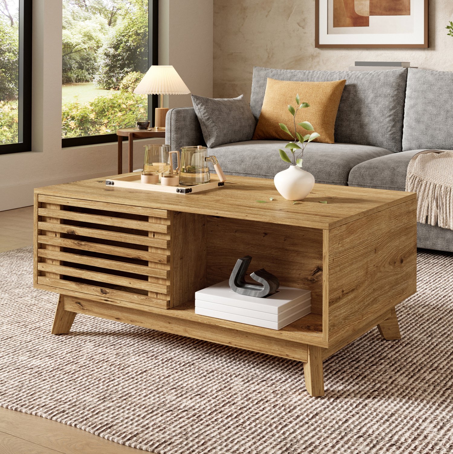 MODENUIT Salontafel - Hefbaar Blad en Schuifbare Jaloeziedeur - Woonkamer - MDF Naturel - 90x55x57,5 Cm Bruin