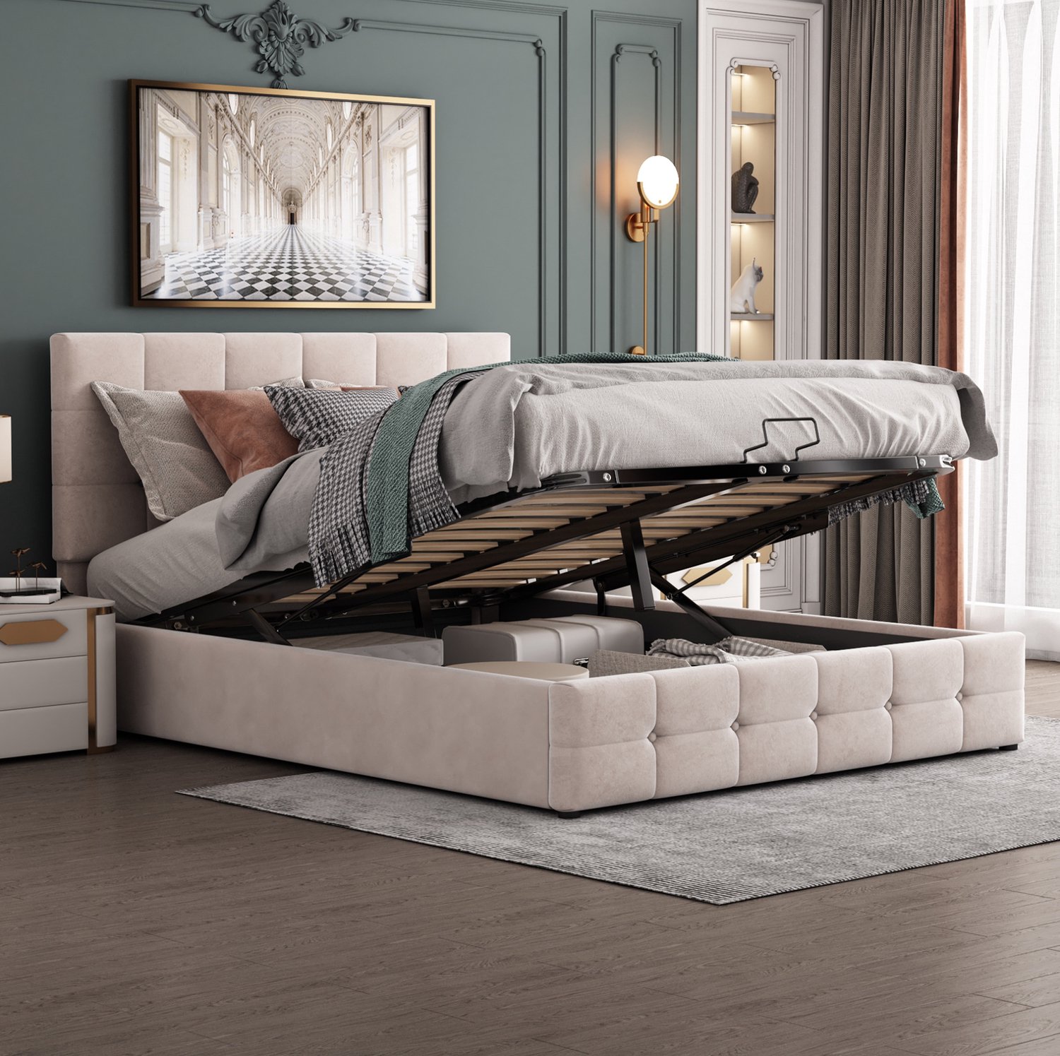 Maisentiel Gestoffeerd bed 140 x 200 cm met opbergruimte en lattenbodem - crèmewit