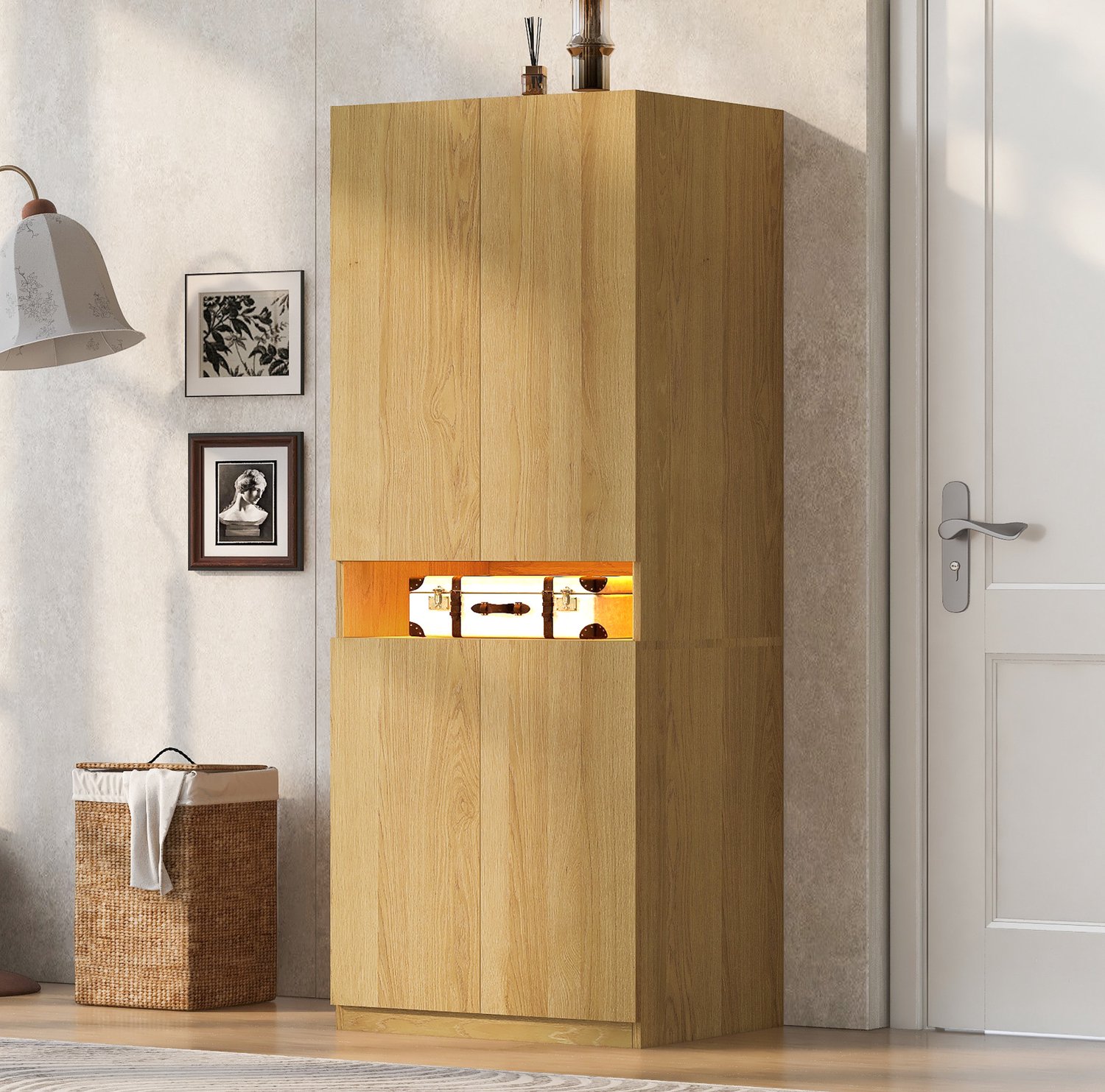 REDOM Kledingkast 70 x 55 x 180 cm - Hanggedeelte en open vak met LED-verlichting - Houtkleur