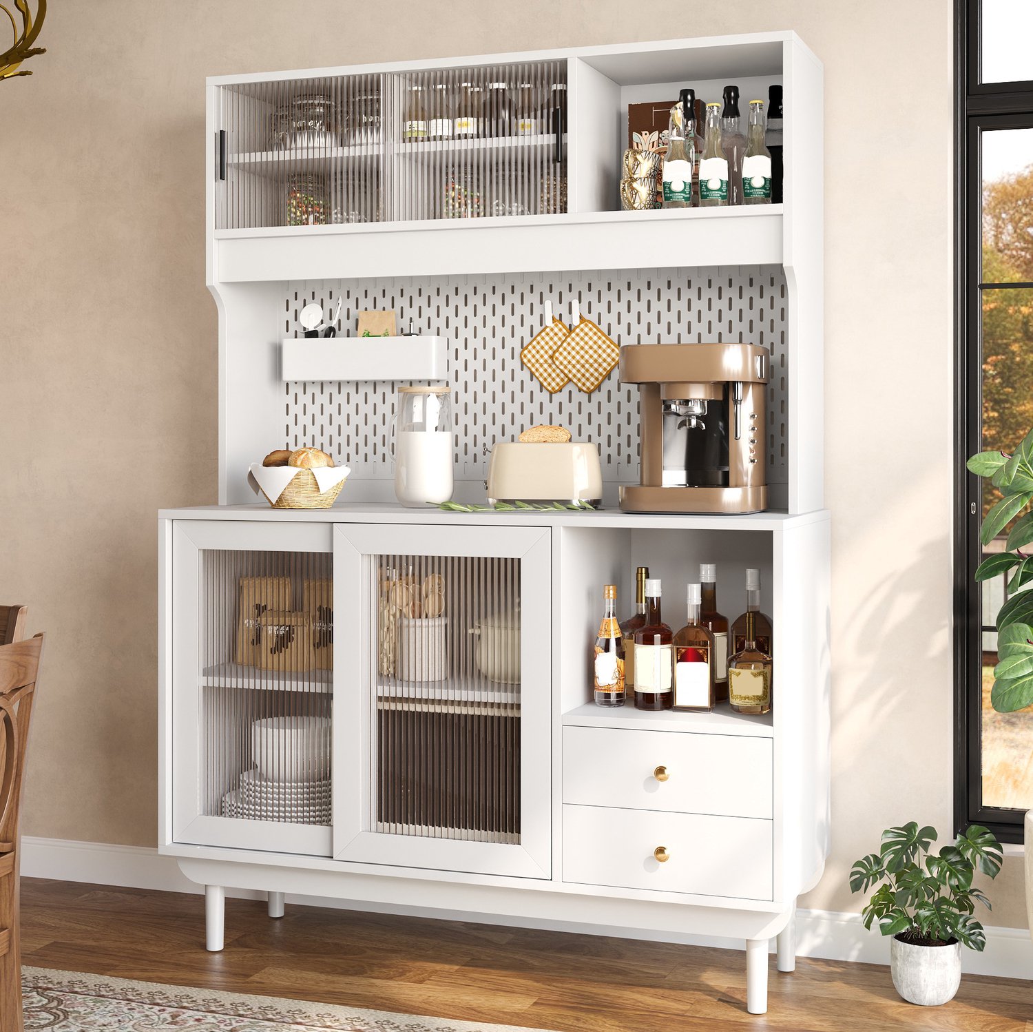 REDOM Keukenkast 117x30x170 cm - 4 schuifdeuren van ribbelglas, 2 lades en geperforeerde achterwand - Wit