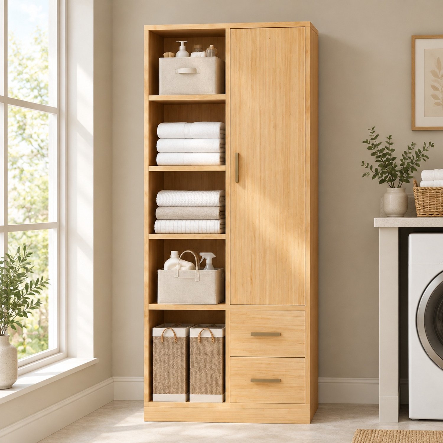 HAUSS SPOLE Kledingkast - Met Eén Deur, Twee Lades En Twee Kledingroedes - Open Vakken Voor Slaapkamer - Hout - Houtkleur - 70 x 50 x 170 cm