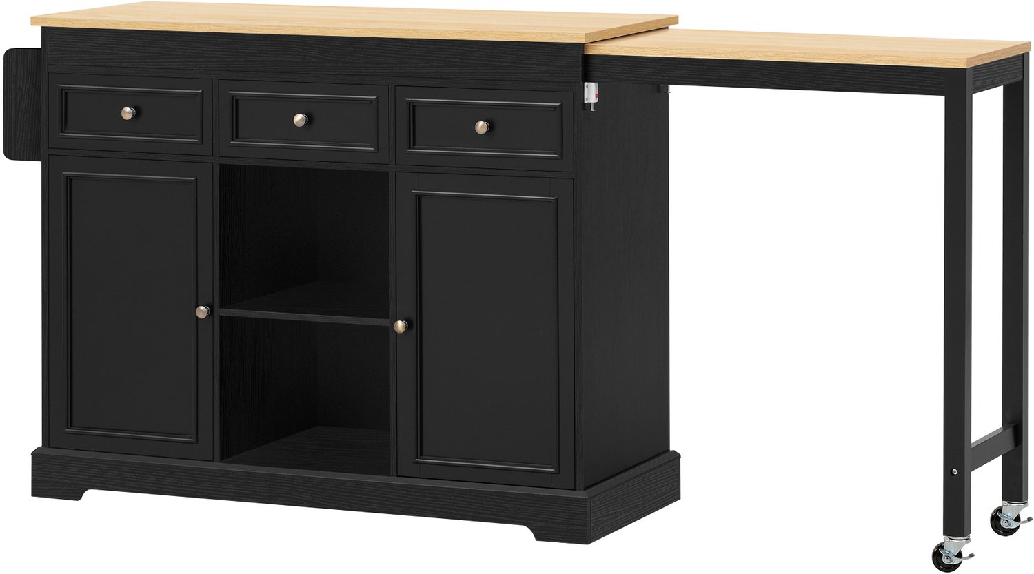 MUVANO Keukeneiland met uitschuifbaar werkblad - Drie lades en kruidenrek - MDF en spaanplaat - 45 cm breed, 92 cm hoog - Keuken - Zwart/naturel Grijs