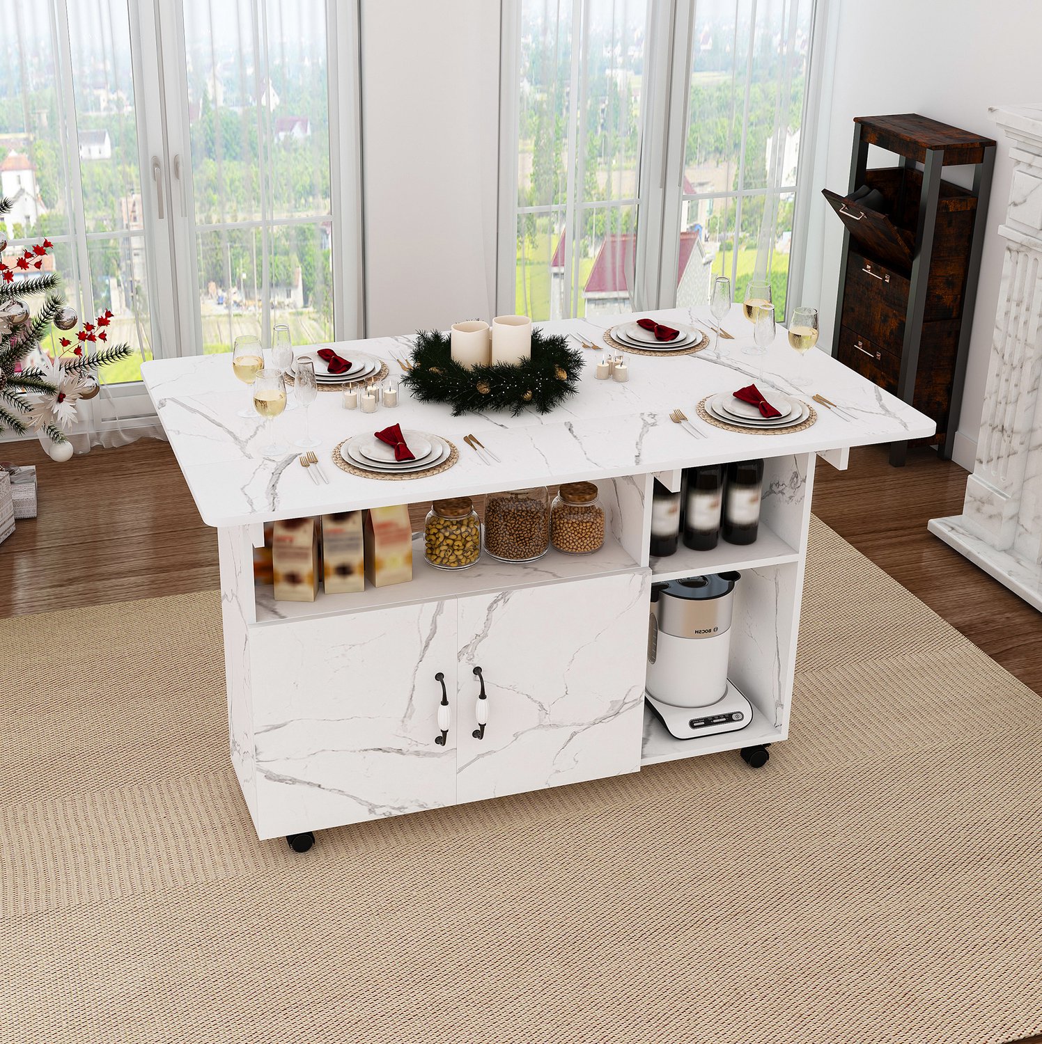 DESMIU Eettafel - Opklapbaar met Twee Bladen en Opbergruimte - Verrijdbaar voor Keuken en Werkplek - MDF - Wit Marmerlook - 110x70x80 cm