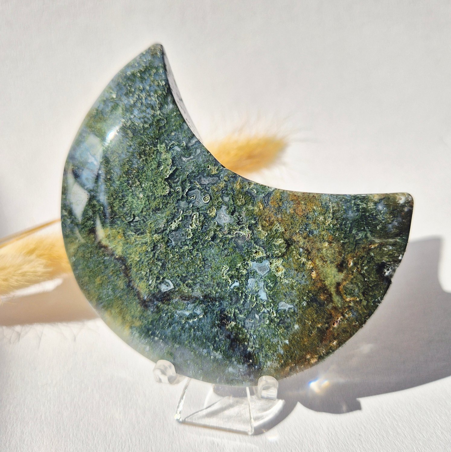 Moonlight Gemstones Edelsteen Mosagaat Maan op Standaard (Druzy & Patronen) Agaat - #320 10-12cm Meerkleurig