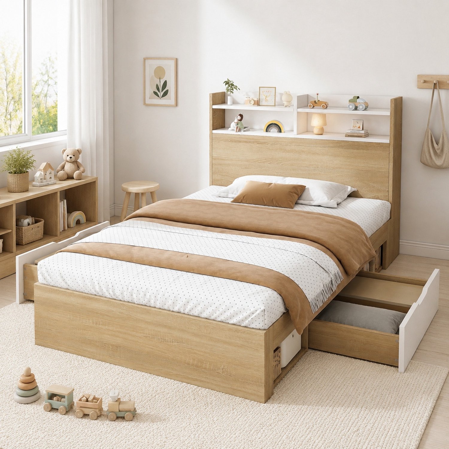 Maisentiel Eenpersoons opbergbed 90 x 200 cm met 2 lades en open vakken - wit/eikenkleur