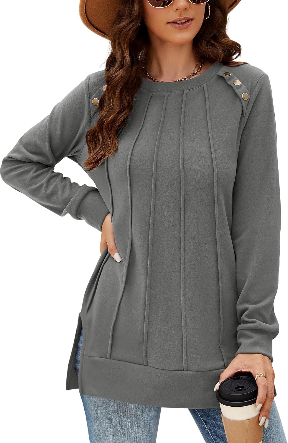 Shirt met ronde hals, plooien voor, casual en elegant
