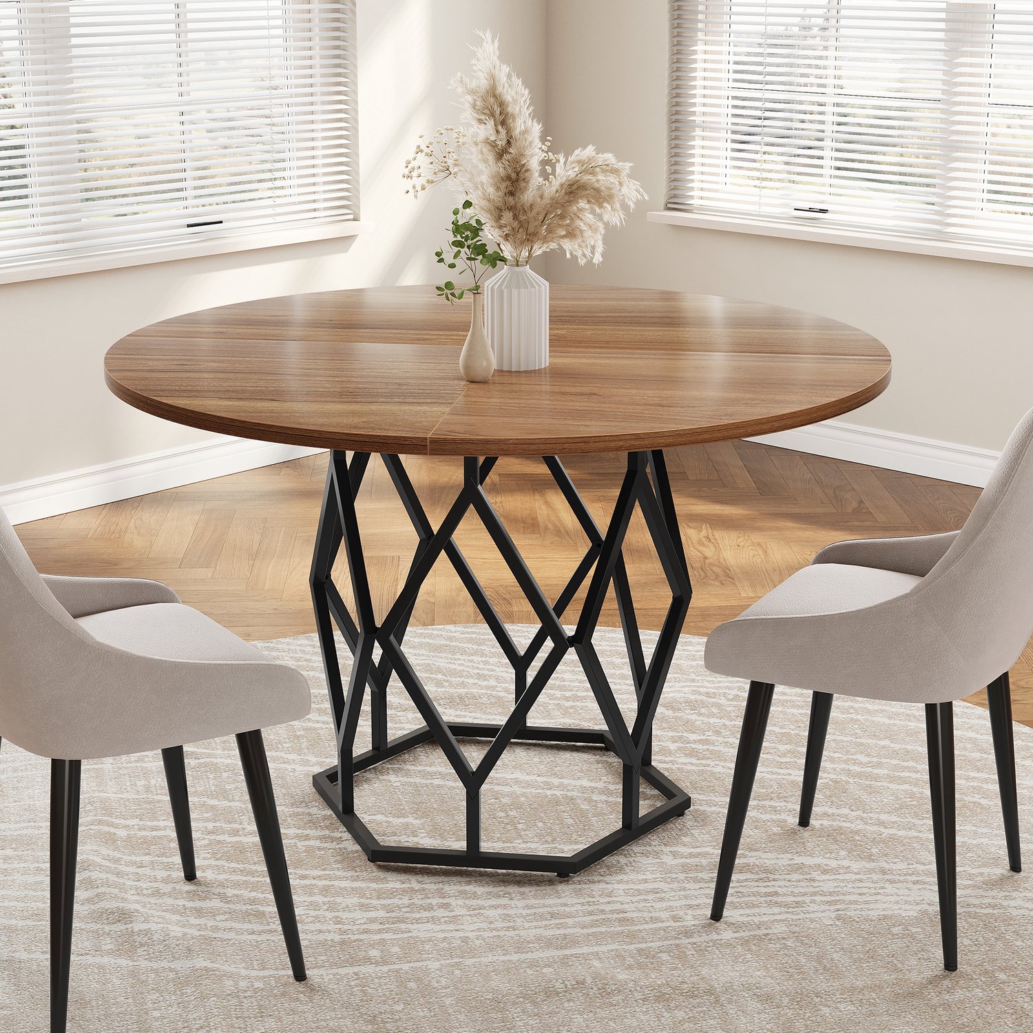 Eettafel Rond 120 cm - voor 4-6 Personen - Hout Met Zwarte Metalen Basis - Industrieel Rustiek - 120 x 76 cm - voor Eetkamer & Keuken - Bruin Zwart