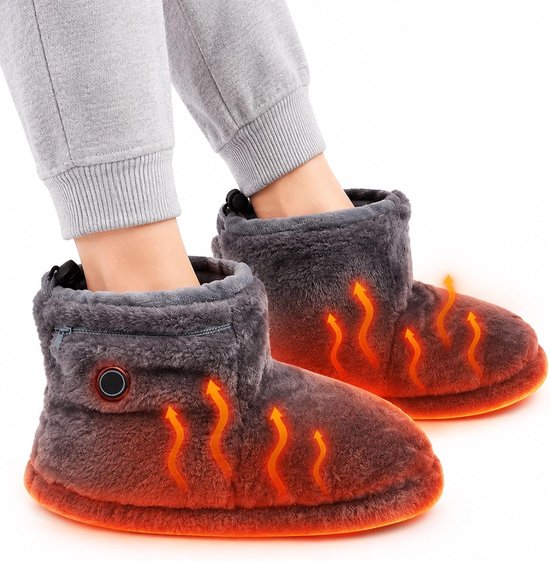 Grijze pluche pantoffels met grafische oranje warmtegolven die de warmte aan de voeten aangeven.
