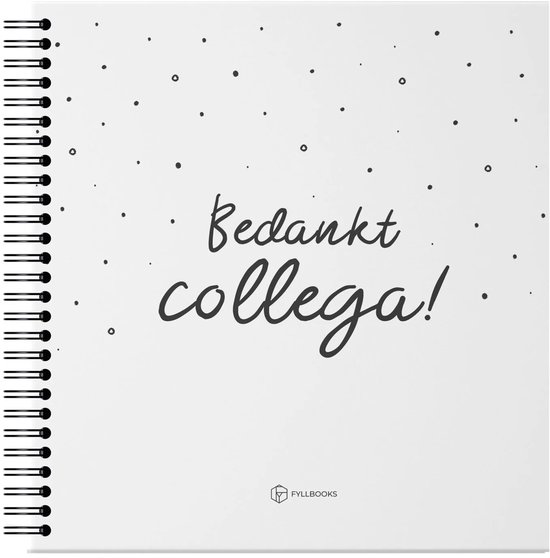Vierkant spiraalboek met witte kaft, zwarte stippen en de tekst 'Bedankt collega!' in een zwart handschrift.