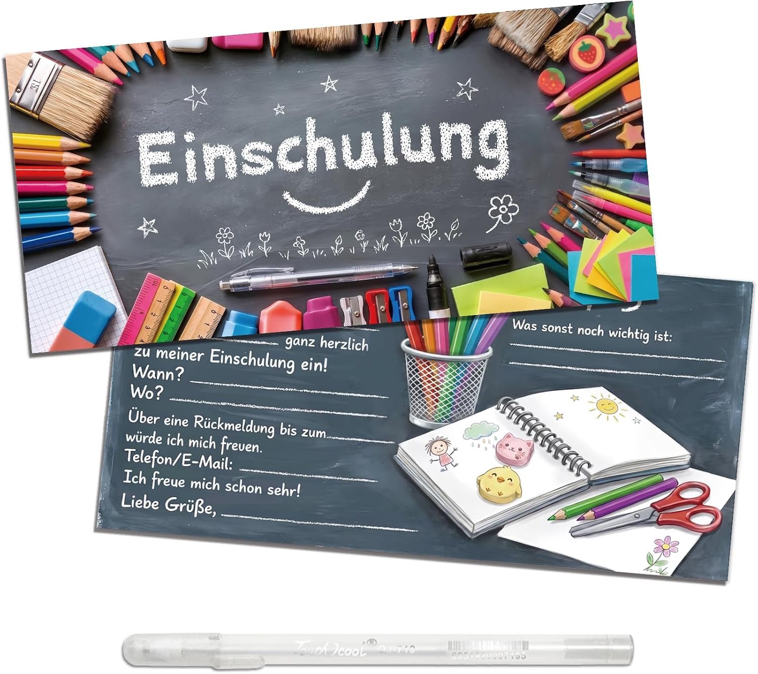 Uitnodigingen voor de eerste schooldag - 15 stuks met witte stift