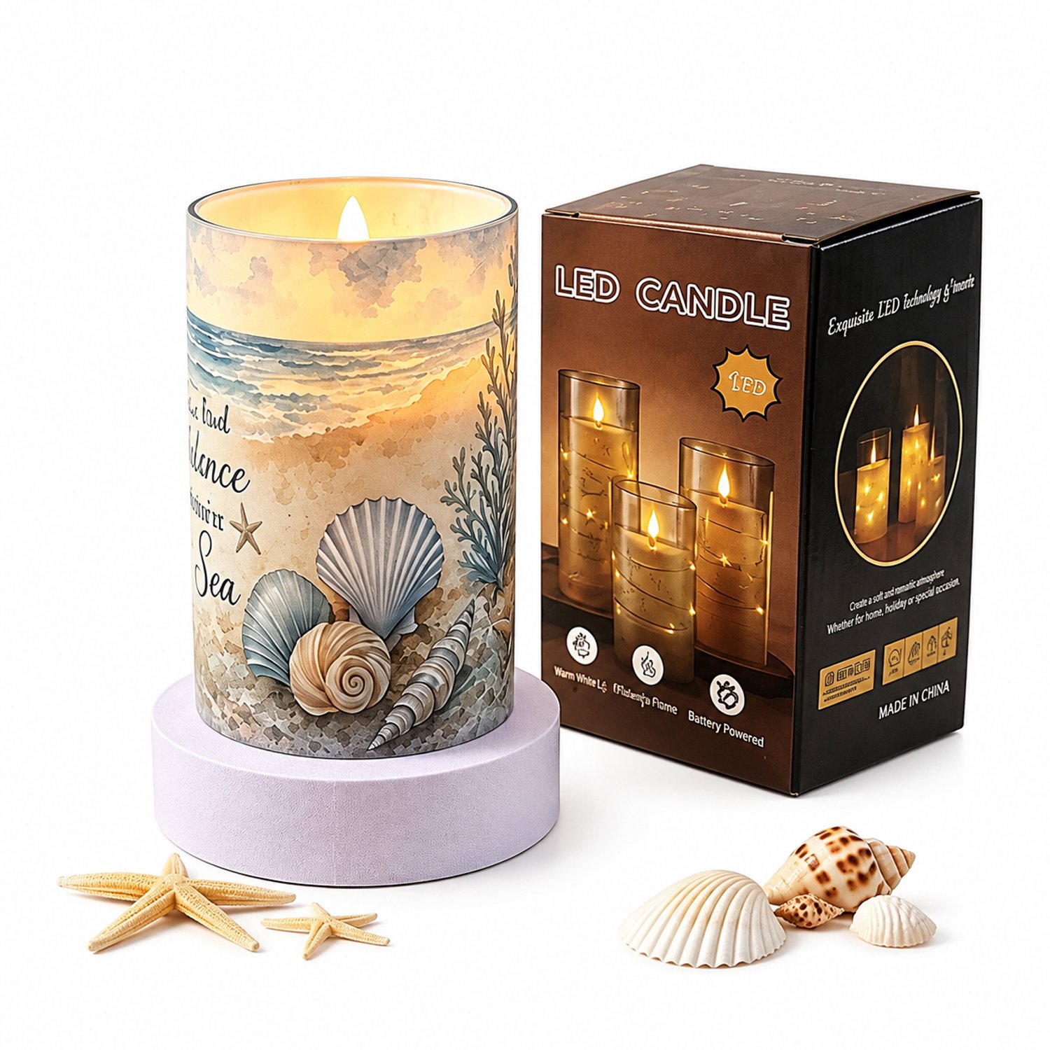 SWGOTA led kaarsen met bewegende vlam - strandmotief, 7,5 x 12,5 cm, warm licht, op batterijen, zonder batterijen Blauw