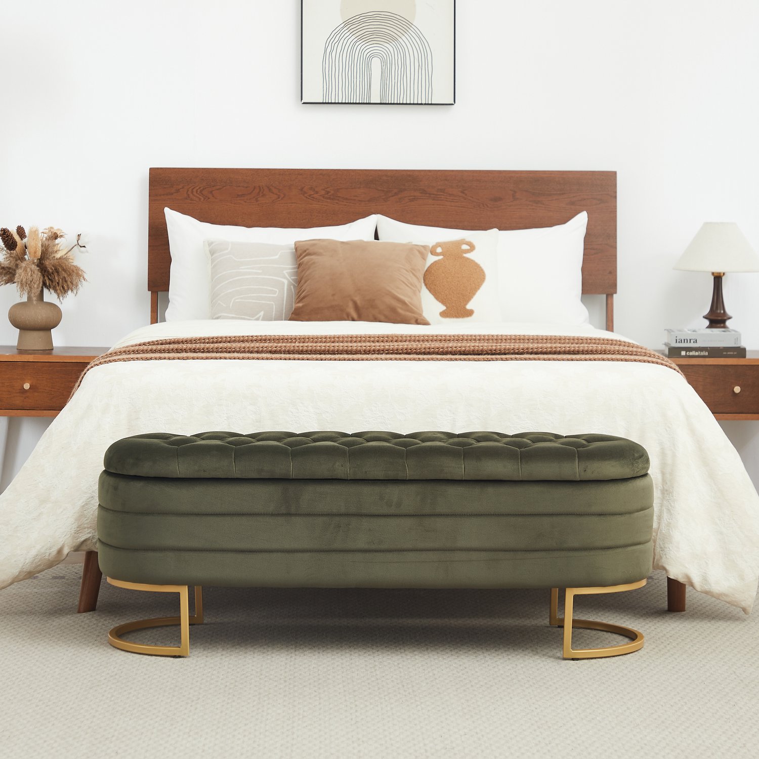 MUVANO Fluwelen bedbank met opbergruimte - Chesterfield-stijl - Metalen poten - 120 x 40 x 45 cm - Ventilatie - Voor slaapkamer en woonkamer - Groen