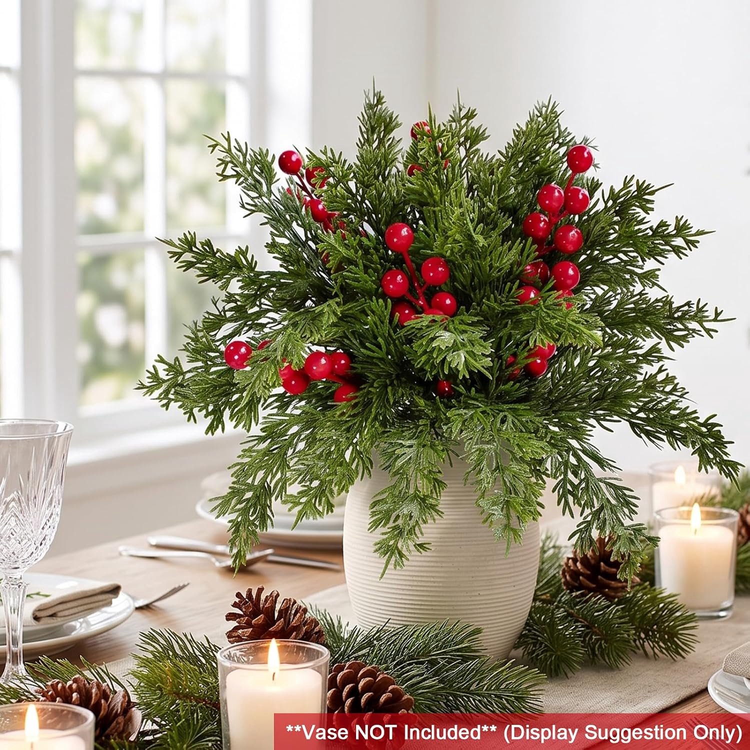 30 Stuks Kunstkersttakken met Rode Bessen - 25 cm - Buigbare Kunst Pijntakken - Voor Kerstkrans, Slinger, Vaas en Tafeldecoratie – foto 5