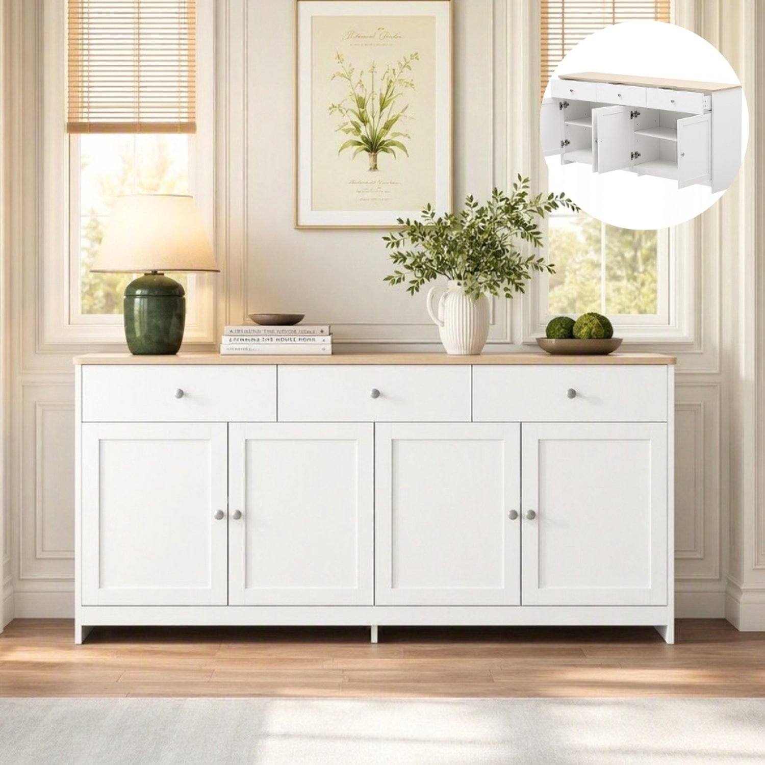 Buffetkast 160x37x75 cm, Keukenkast Dressoir met 4 deuren en 3 lades, Opbergmeubel met verstelbare legplanken en zilverkleurige handgrepen, Moderne Scandinavische stijl, Wit