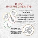 Overzicht van ingrediënten in Reuzel Spray Grooming Tonic, inclusief T-4 mix en arganolie.