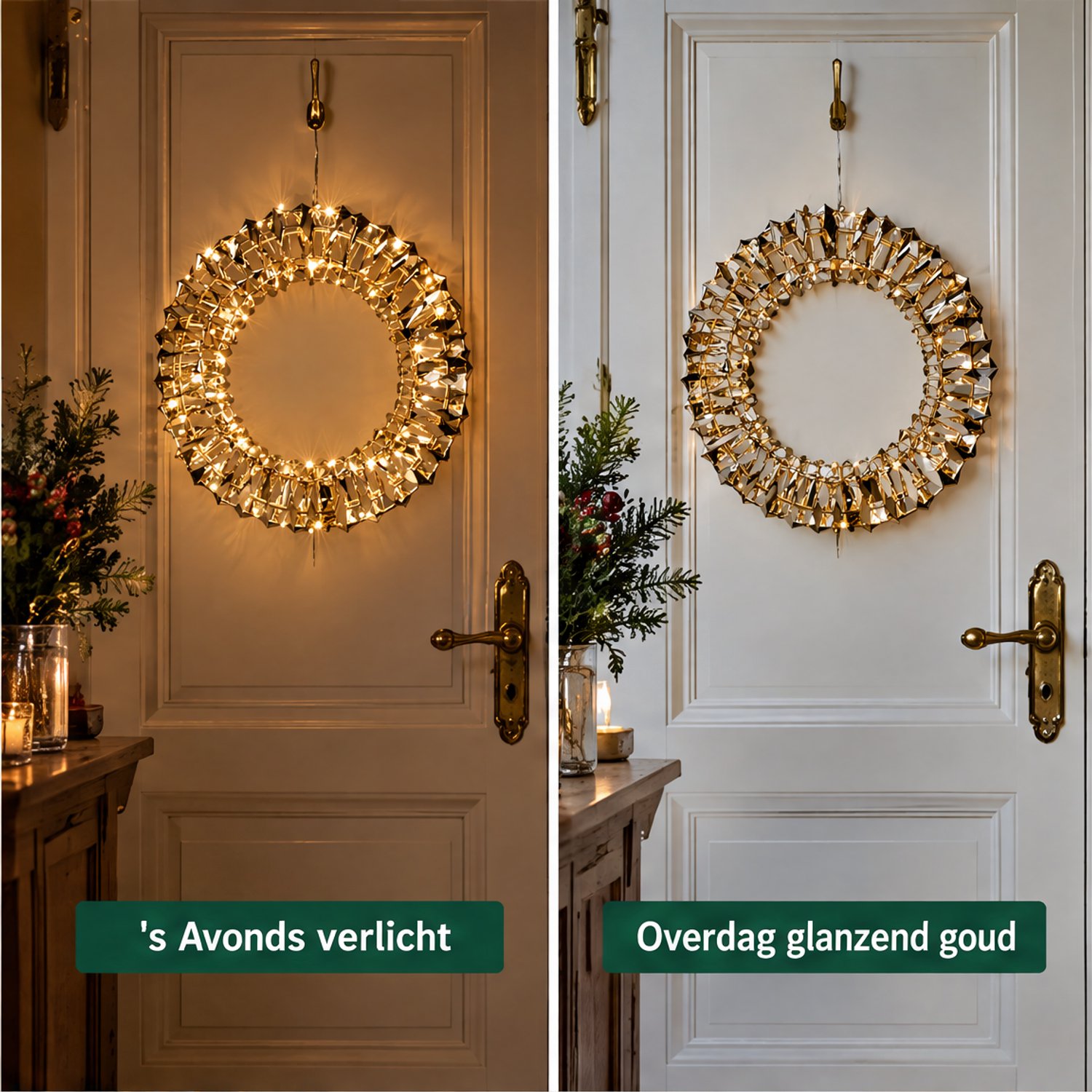 Levano Kerstkrans met Verlichting Goud - 50 LED - Kerstverlichting op Batterij - Kerstdecoratie voor Binnen - Kerstlampjes met Timer - Kerstverlichting Raam - Lichtkrans - LED Krans - Warm Wit - Gouden Krans - Deurkrans - Raamkrans - Kerstring – foto 4