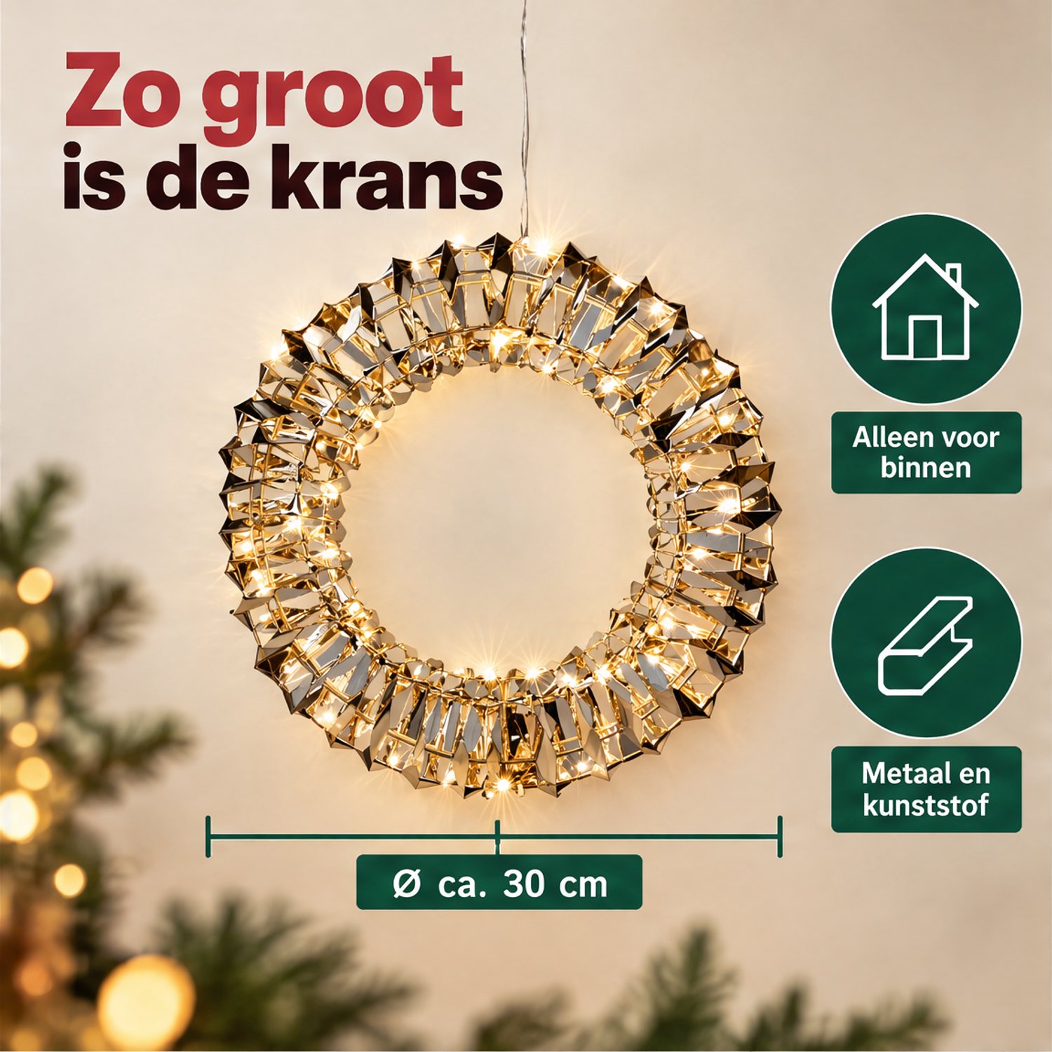 Levano Kerstkrans met Verlichting Goud - 50 LED - Kerstverlichting op Batterij - Kerstdecoratie voor Binnen - Kerstlampjes met Timer - Kerstverlichting Raam - Lichtkrans - LED Krans - Warm Wit - Gouden Krans - Deurkrans - Raamkrans - Kerstring – foto 3