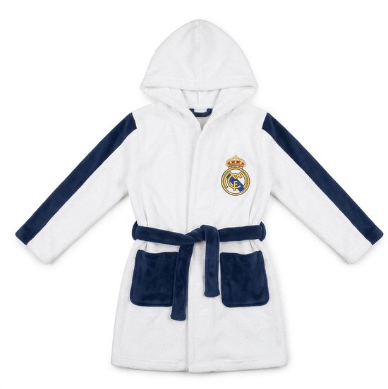 Witte badjas met capuchon, donkerblauwe biezen op de mouwen, zakken, ceintuur en Real Madrid-logo.