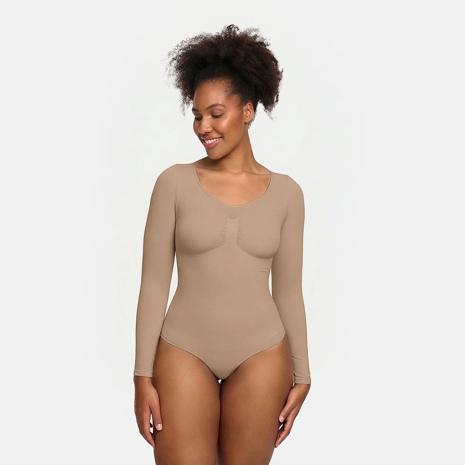 cfab Bodysuit met corrigerende werking, lange mouwen en bijpassend slipje - Beige