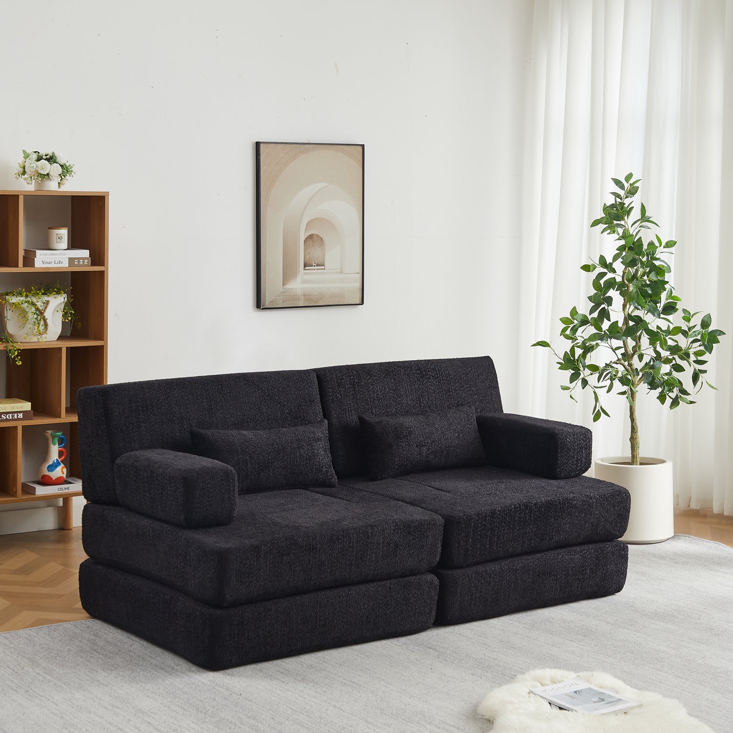 OKWISH Slaapbank 182 x 90 x 80 cm - Omvormbaar en Modulair met Hoge Rugleuning - Voor Woonkamer en Logeerkamer - Chenille - Zwart